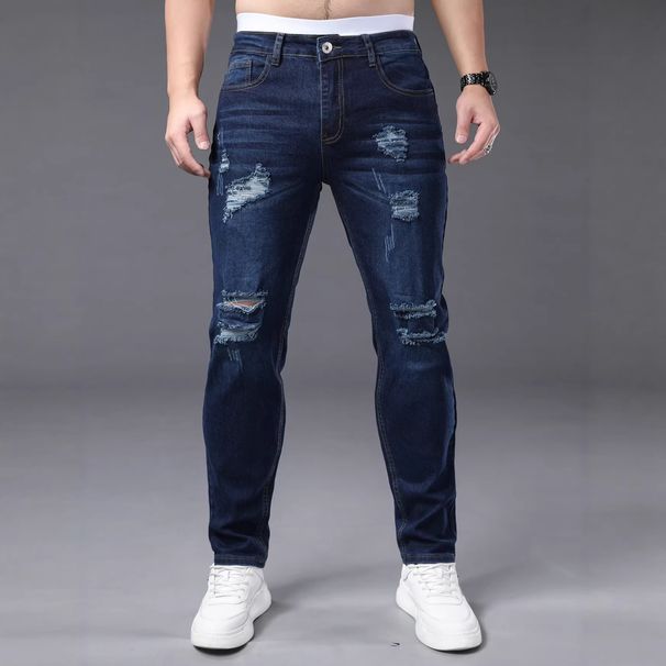 Men's Dark Wash Slim Fit Ripped Jeans - High Street Stretch Cropped Denim With Distressed Details (S-2XL)_mkmklike.com