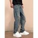 Men's Distressed Jeans, Loose Fit High Street Fashion Retro Washed Straight Leg Trousers, Slimming Versatile Casual Denim Pants_mkmklike.com