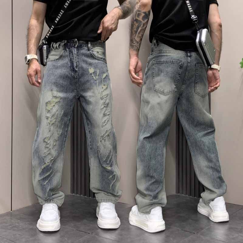 Vintage Blue Slim Fit Jeans For Men - High Waist Retro Washed Denim Pants With Slight Flare Premium Cotton Fabric_mkmklike.com