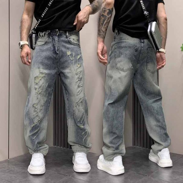Vintage Blue Slim Fit Jeans For Men - High Waist Retro Washed Denim Pants With Slight Flare Premium Cotton Fabric_mkmklike.com