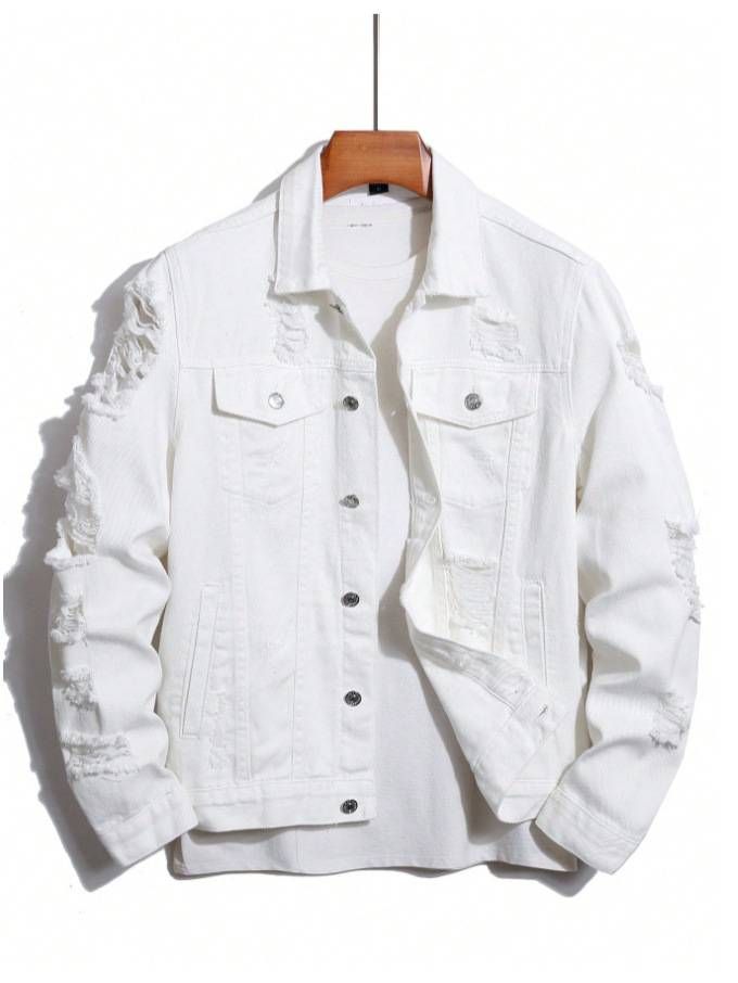 Men's Clothing Slim Fit Ripped Denim Jacket Trendy High Street Style Slight Stretch Polyester_mkmklike.com