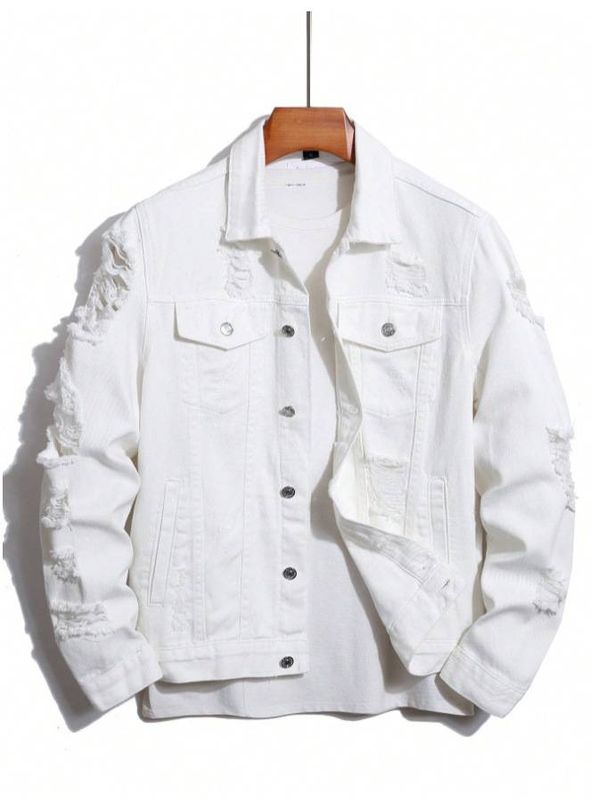 Men's Clothing Slim Fit Ripped Denim Jacket Trendy High Street Style Slight Stretch Polyester_mkmklike.com