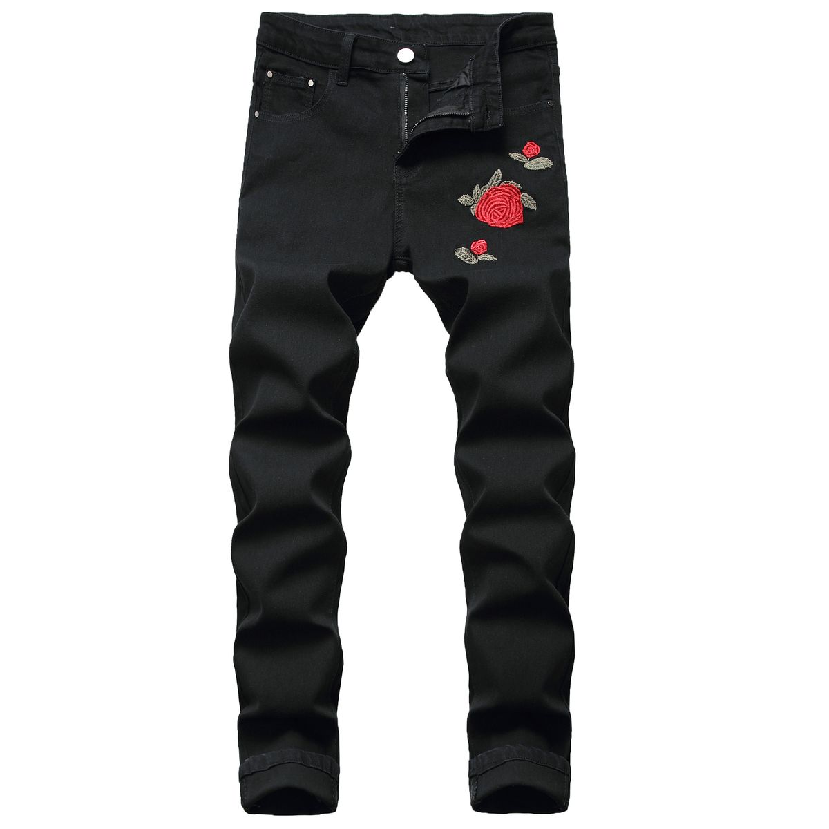 Men's Slim Fit Stretch Jeans Light Blue Denim Pants Comfortable Casual Trousers Everyday Wear with Embroidered Rose_mkmklike.com