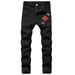 Men's Slim Fit Stretch Jeans Light Blue Denim Pants Comfortable Casual Trousers Everyday Wear with Embroidered Rose_mkmklike.com