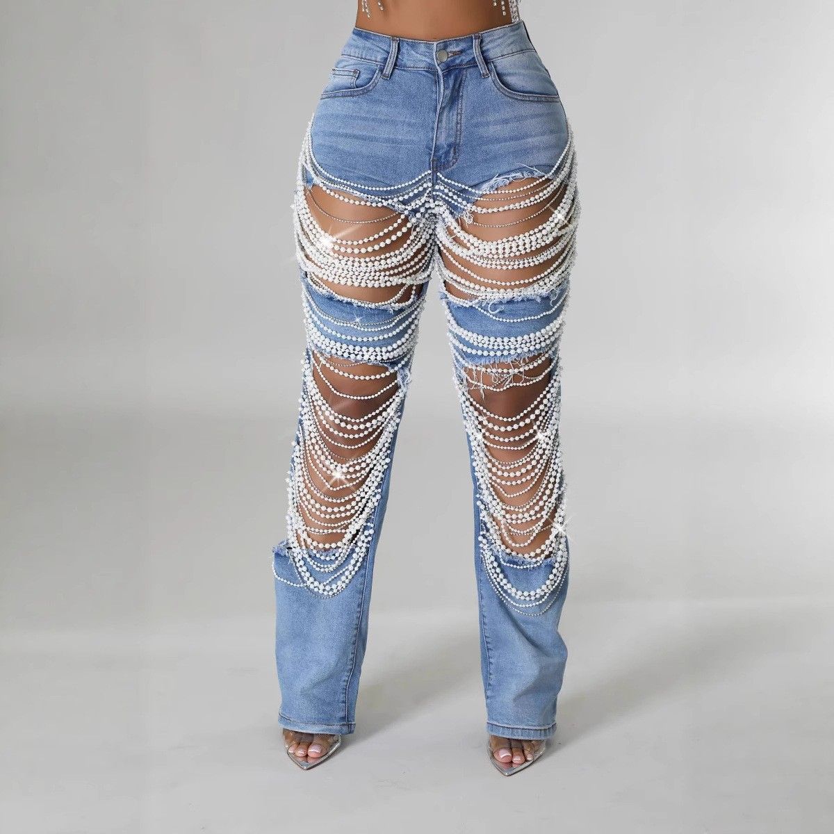 Distressed High-Waisted Stretch Jeans With Rhinestone & Chain Details - Straight Leg Denim Pants For Women_mkmklike.com