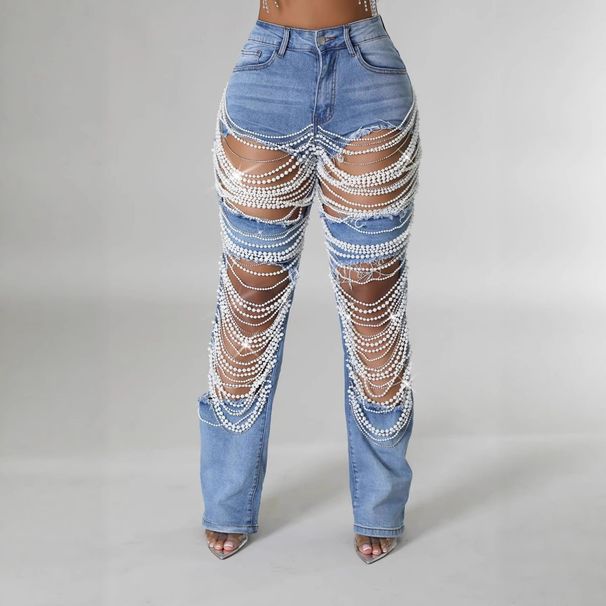 Distressed High-Waisted Stretch Jeans With Rhinestone & Chain Details - Straight Leg Denim Pants For Women_mkmklike.com