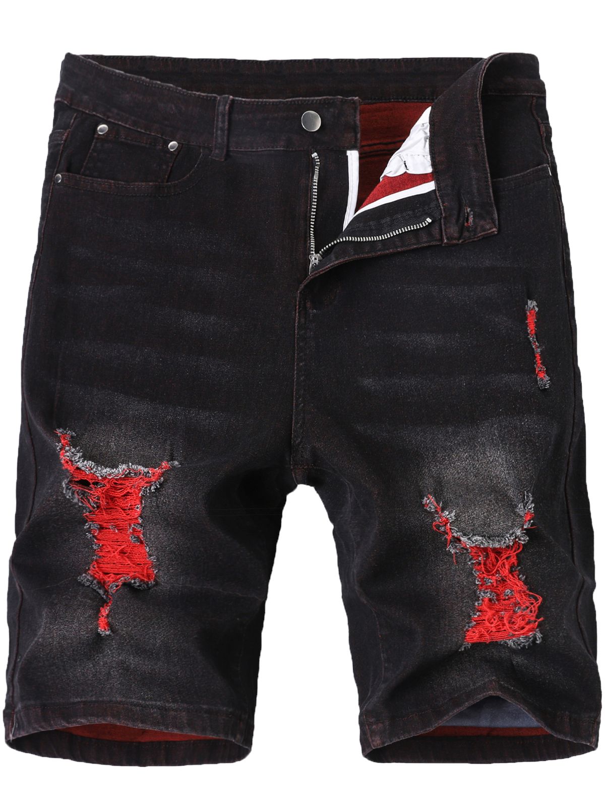 Men's Denim Shorts Stretch Multi Craft Black Shorts With Holes, Fashionable And Versatile, Wear-resistant Mid Length Pants For Summer_mkmklike.com