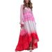 Women's Deep V Long Sleeve Gradient Printed Dress Long Skirt _mkmklike.com