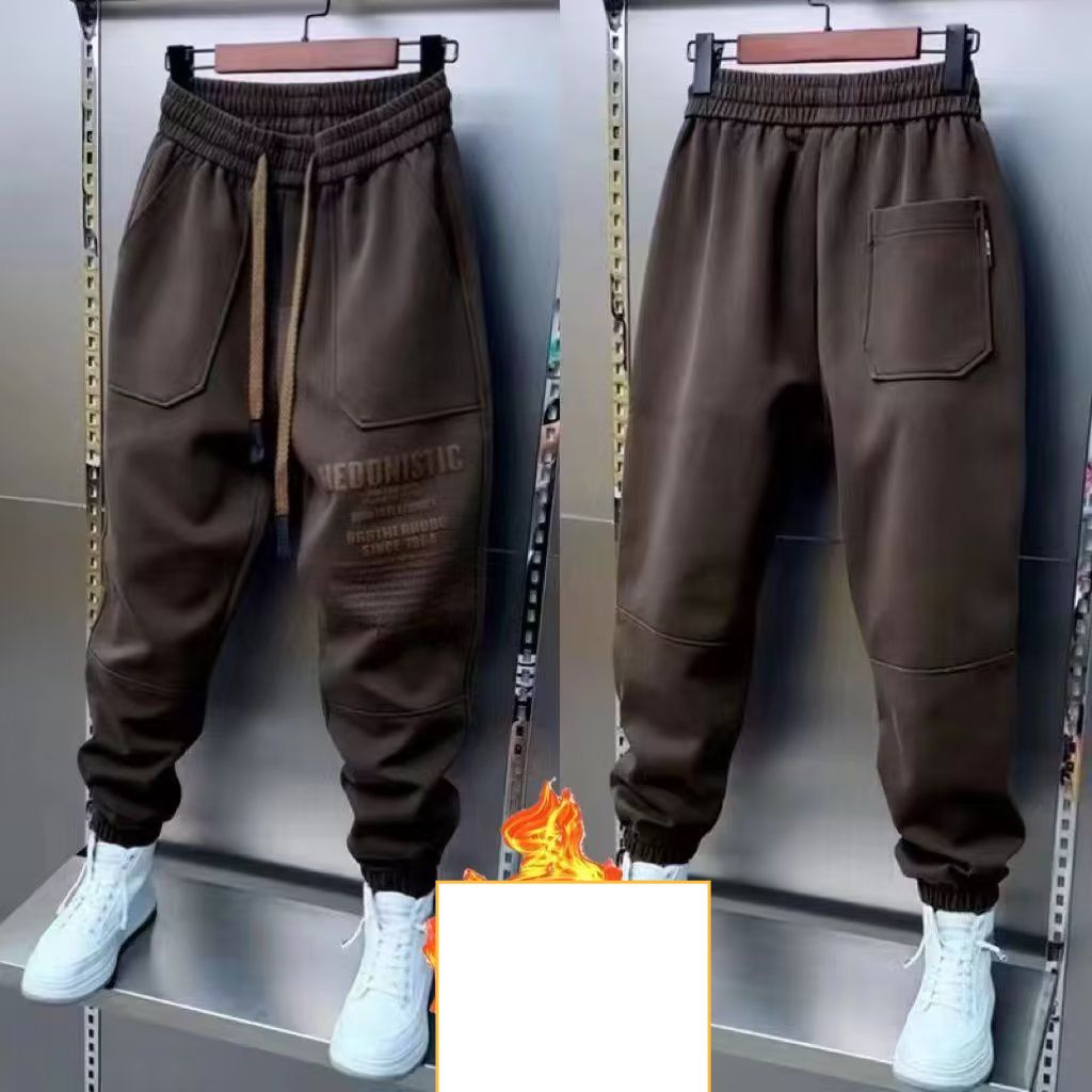Men's Clothing fashion light luxury black plus velvet trousers cuffed pants sports sweatpants men all match high street casual pants men_mkmklike.com