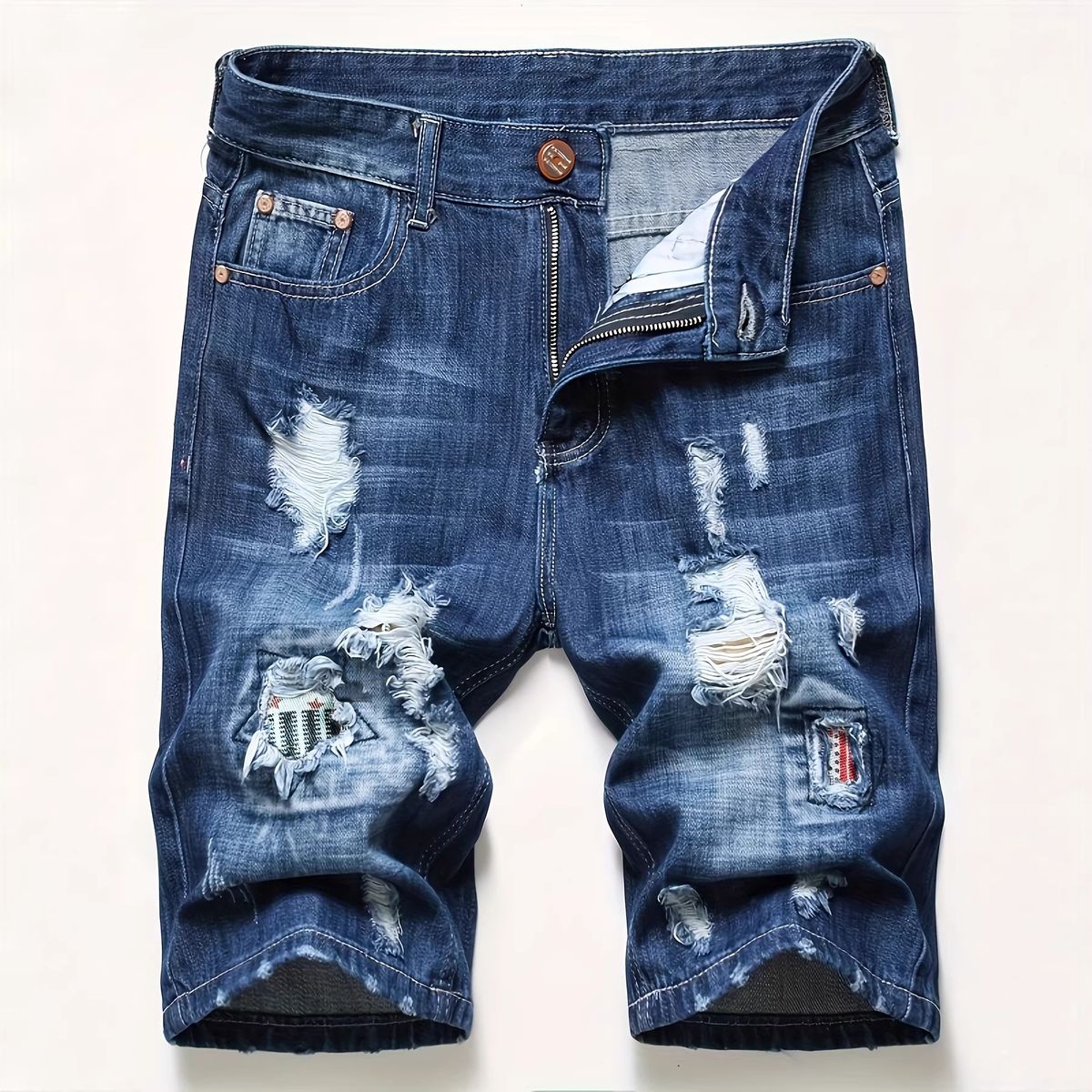 Men's Distressed Denim Shorts Casual Summer Straight Fit with Random Patches Teens And Young Adults_mkmklike.com