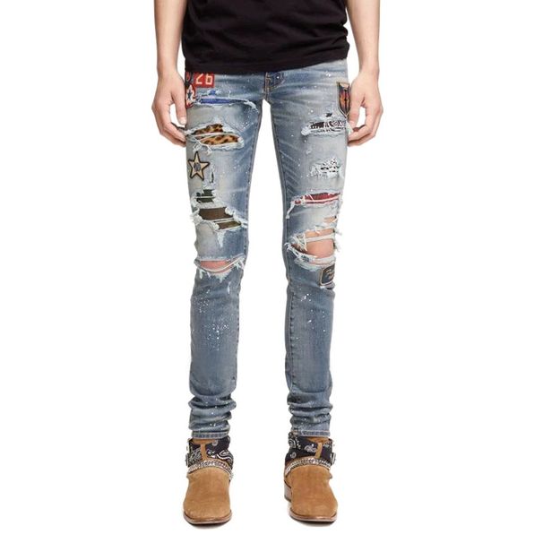 Men's Clothing tight elastic hole high street men's jeans_mkmklike.com