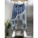 Men's Vintage Washed Denim Pants – Retro Color-Block Slim Tapered Jeans With Raw Hem Streetwear Inspired Relaxed Fit For Urban Exploration (M-XXXL)_mkmklike.com