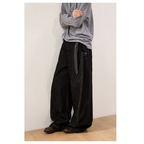 Men's American Style Black Curved Wide Leg Denim Jeans Trendy Loose Fit High End Feel Straight Leg Floor Length Trousers for Spring And Autumn_mkmklike.com