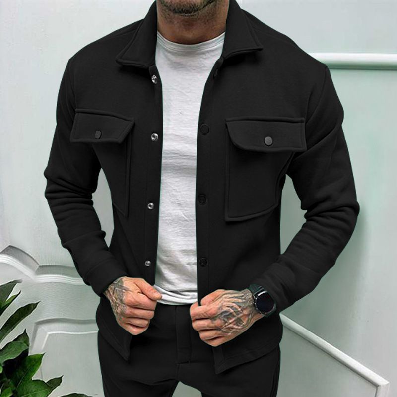 2025 Autumn European And American Men's Fashion Solid Color Button Pocket Long Sleeve Fleece Lined Simple Casual Jacket_mkmklike.com