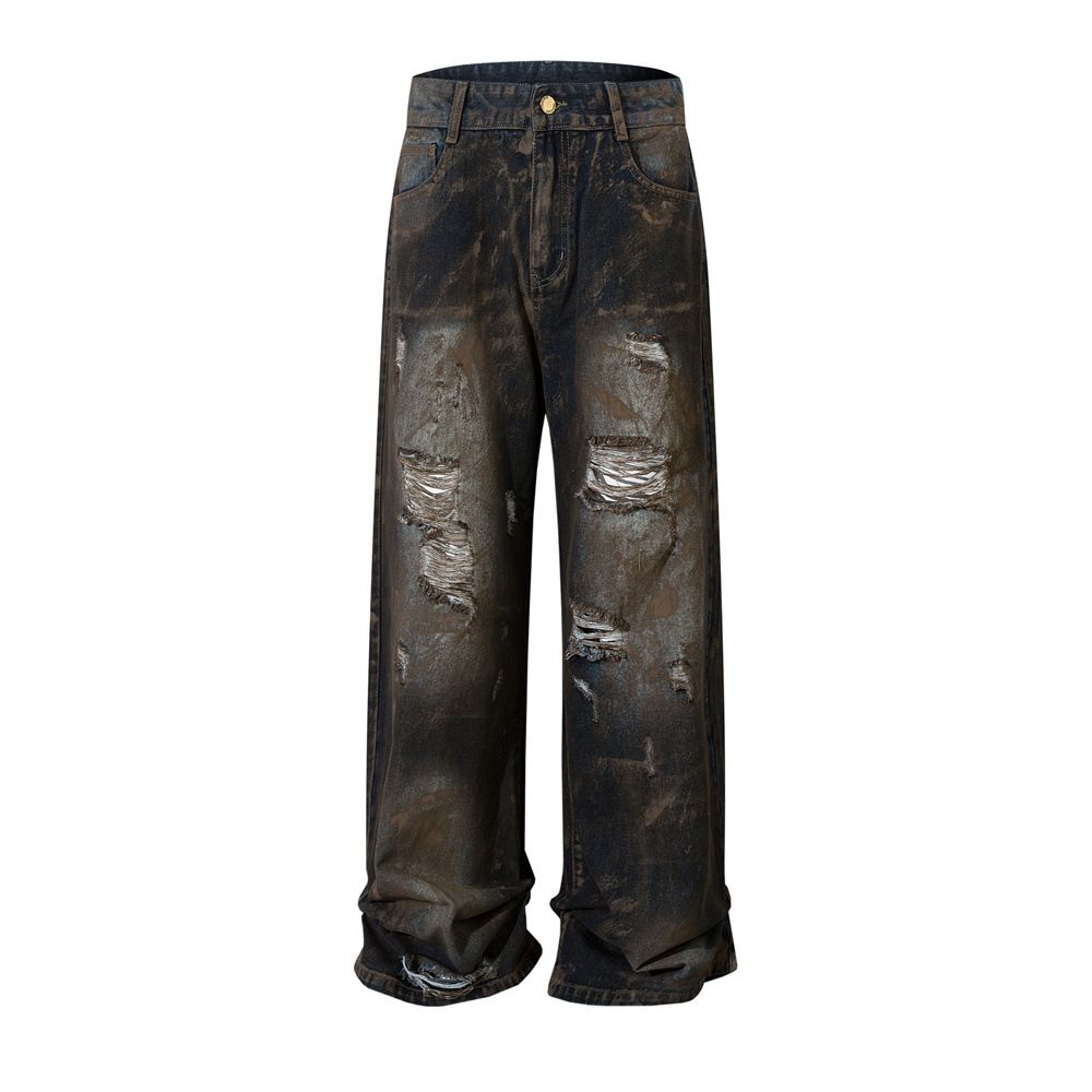 Wasteland Style Paint Splatter Distressed Jeans Men's Straight Long Tie-Dye Vintage Dirty Pants High Street Fashion_mkmklike.com