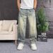 Men's Patchwork Curved Blade Jeans Straight Leg Loose Fit Wide Leg Pants Design Plus Size Spring Autumn_mkmklike.com