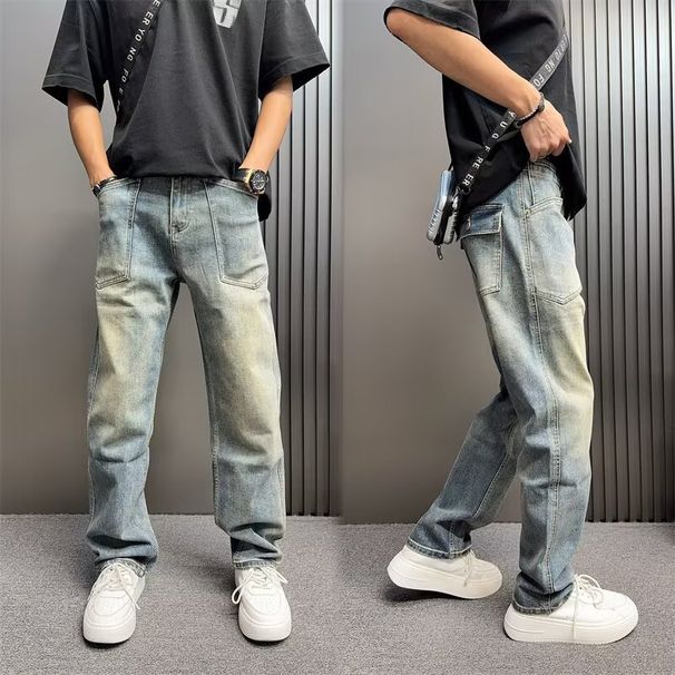 Retro Washed Distressed Denim Jeans High End Men's Spring Summer Trendy Loose Fit Cool And Edgy Wasteland Colored Straight Leg_mkmklike.com