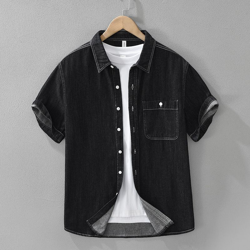 Retro Denim Short Sleeved Shirt For Men, Fashionable And Versatile, Artistic And Casual Loose Top_mkmklike.com