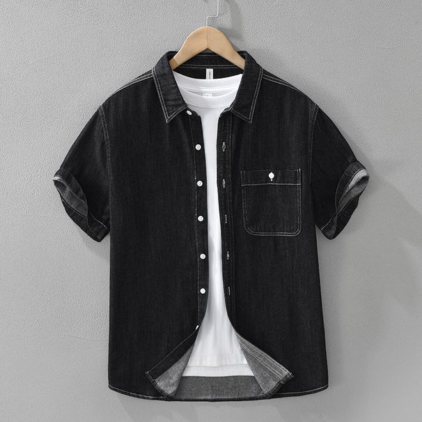 Retro Denim Short Sleeved Shirt For Men, Fashionable And Versatile, Artistic And Casual Loose Top_mkmklike.com
