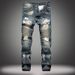 Men's clothing supply menswear stretch black jeans biker miscellaneous patchwork denim pants_mkmklike.com