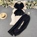 Women's Clothing retro fashion round neck short sleeved tie waist top two piece suit women's casual loose high waist wide leg trousers_mkmklike.com