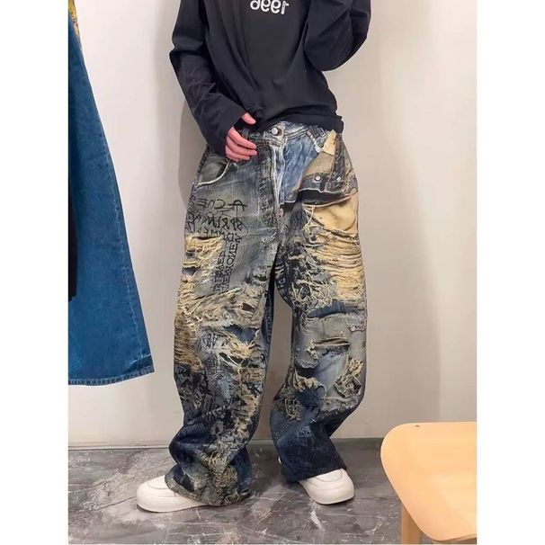 Men's Clothing Unisex Distressed Jeans With Graffiti Print | Loose Straight Leg Vintage Denim Pants (S-3XL) | Washed Blue Cotton Hip Hop Streetwear_mkmklike.com