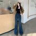 Retro Blue High Waisted Fleece Lined Flared Jeans For Women Warm Slimming Loose Fit Versatile Style Denim Pants_mkmklike.com