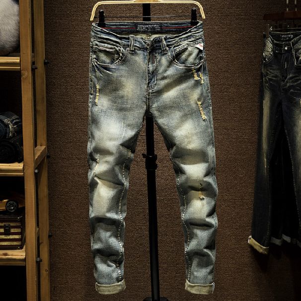 Men's Slim Fit Mid Rise Ripped Patched Jeans Long Straight Pants Youth Softener Machine Washable_mkmklike.com