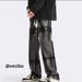 Men's Retro Tie Dye Drawstring Jeans American High Street Style Midweight Cotton Wide Leg Pants Black Blue Long_mkmklike.com