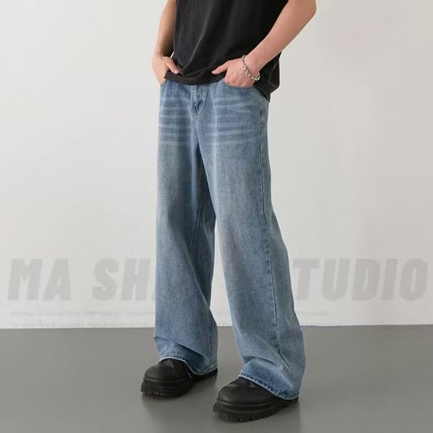 Men's Clothing Men's Wide Leg Jeans – Lightweight Cotton, High Street Fashion, Relaxed Fit, Straight Cut, Vintage Blue/Black/Classic Blue_mkmklike.com
