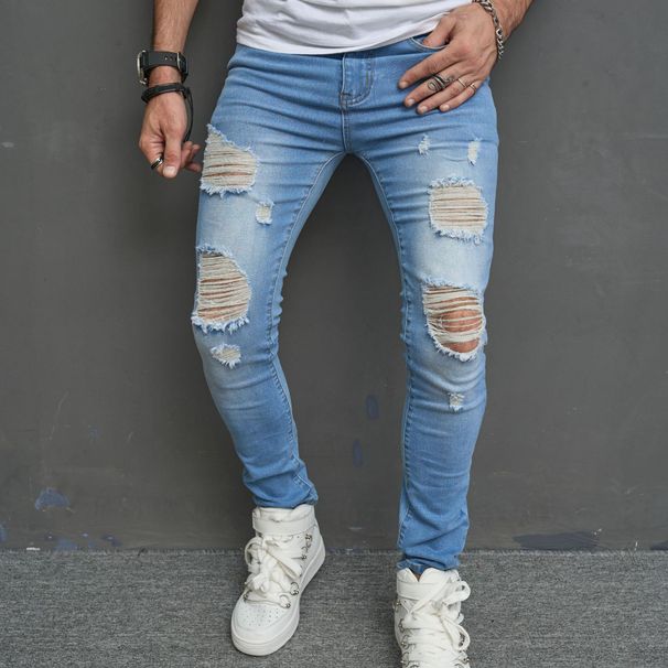 Men's Stretch Slim Fit Jeans - Light Wash Denim Pants With Comfortable Elastic Waist For Casual Wear_mkmklike.com