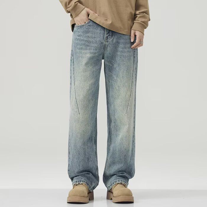 Men's Loose Straight Leg Jeans 2026 Spring American Style Trendy Wide Leg Retro Distressed Casual Pants_mkmklike.com