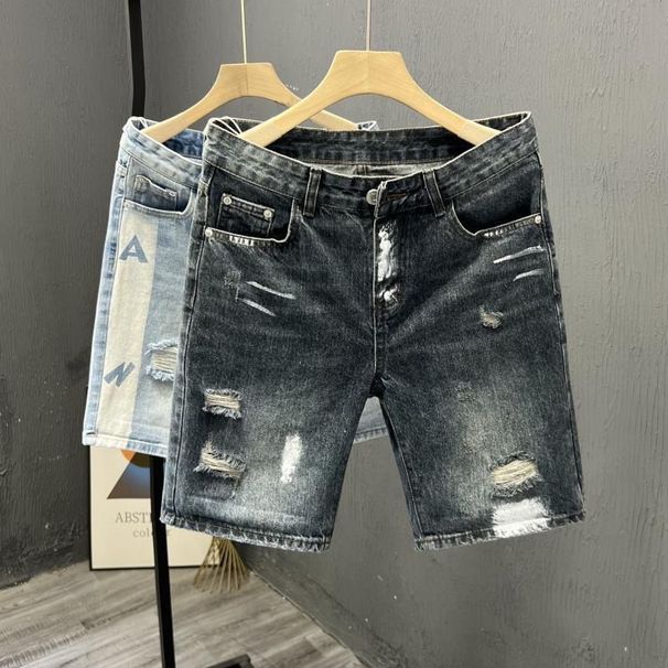 Men's Slim Fit Denim Shorts Trendy Ripped And Distressed Five Point Korean Style Versatile Mid Length For Summer_mkmklike.com
