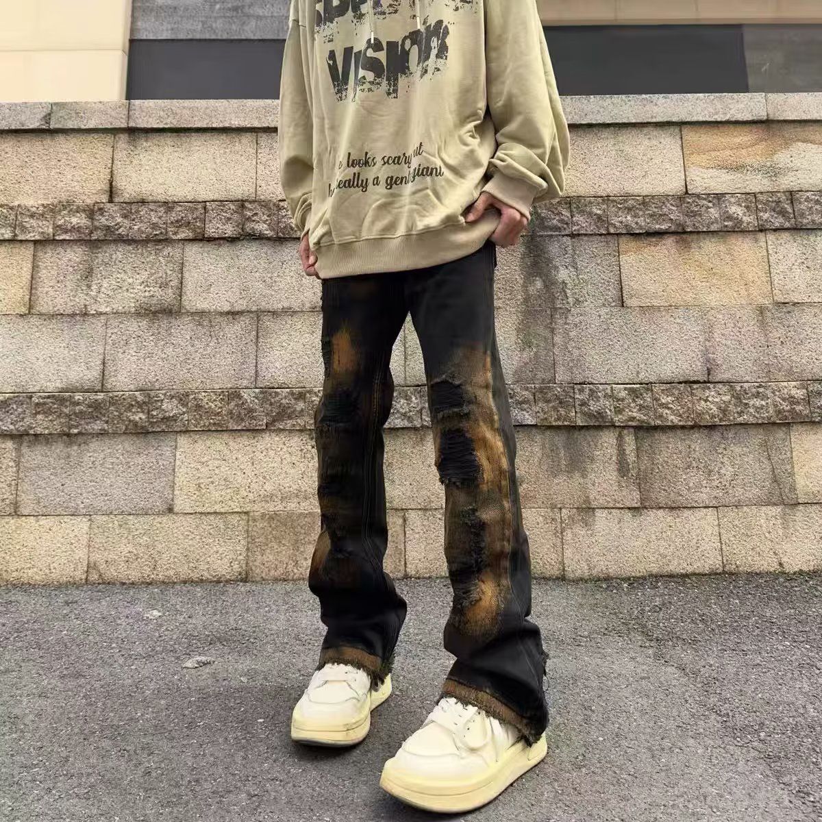 American Washed Distressed Patch Graffiti Micro Flared Jeans For Men Women On The High Street, Versatile And Slimming_mkmklike.com