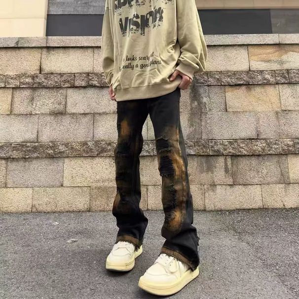 American Washed Distressed Patch Graffiti Micro Flared Jeans For Men Women On The High Street, Versatile And Slimming_mkmklike.com