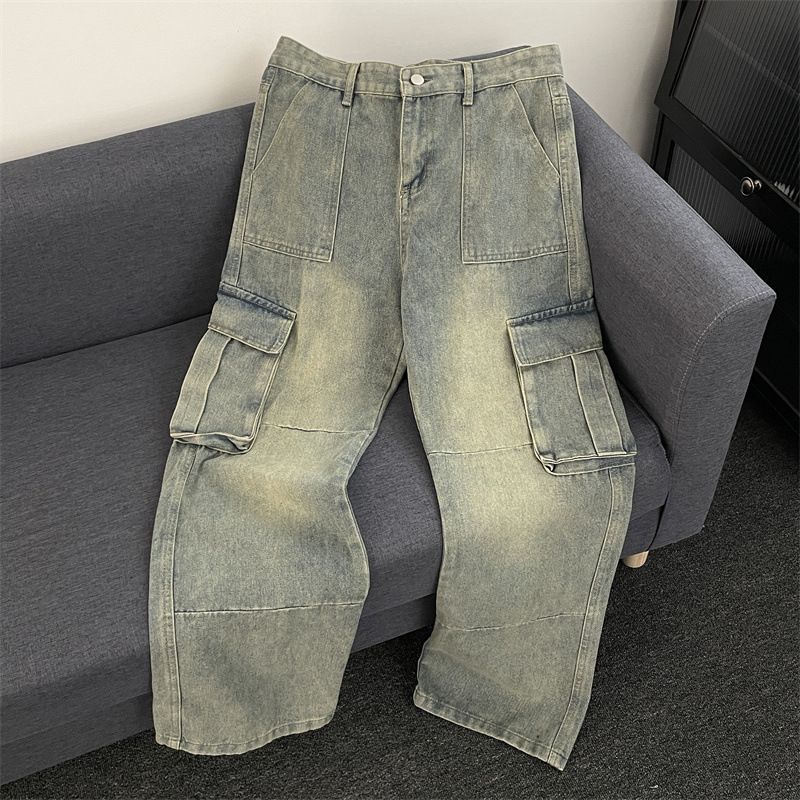 Men's Vintage Workwear Jeans – Distressed Relaxed-Fit Cargo Denim Pants With Multi-Pockets (S-3XL, Washed Blue)_mkmklike.com