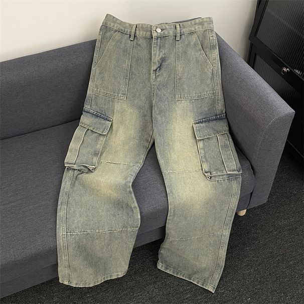 Men's Vintage Workwear Jeans – Distressed Relaxed-Fit Cargo Denim Pants With Multi-Pockets (S-3XL, Washed Blue)_mkmklike.com