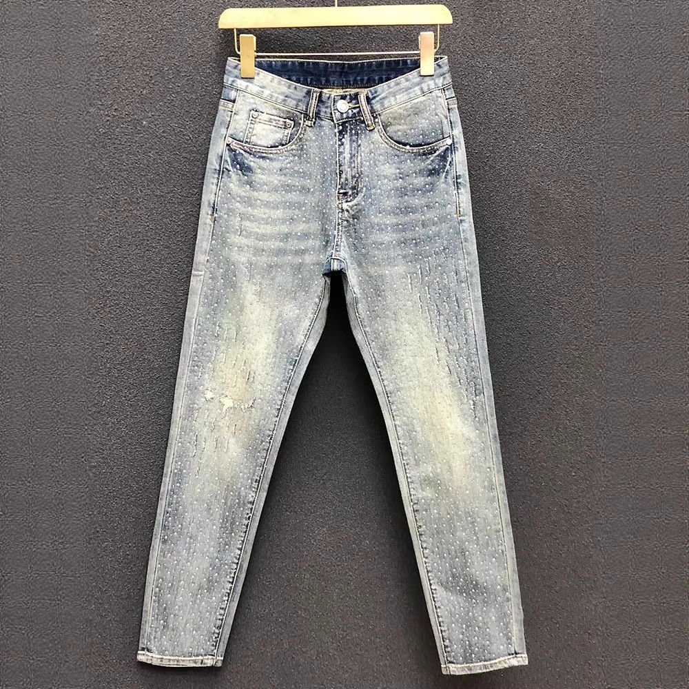 Men's Clothing Slim Fit Jeans Trendy Summer Rhinestone Embellishments Distressed Details Light Color New Style_mkmklike.com
