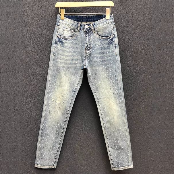 Men's Clothing Slim Fit Jeans Trendy Summer Rhinestone Embellishments Distressed Details Light Color New Style_mkmklike.com