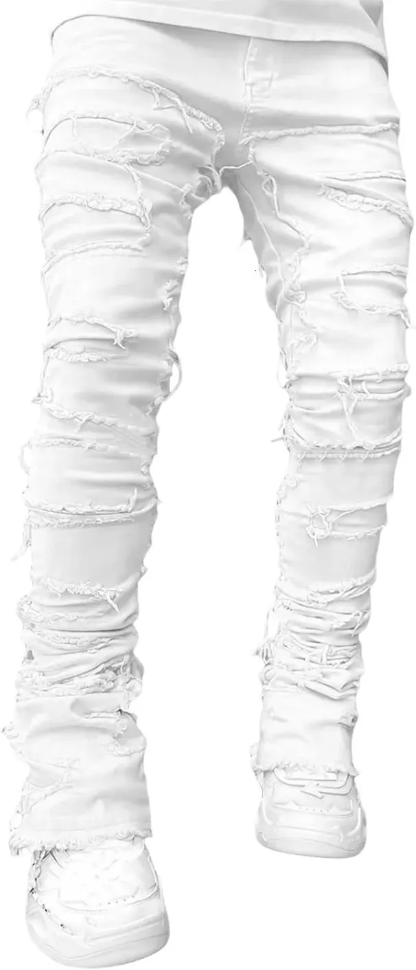 Black Stacked Jeans With Rips, Patches, Distressed Jeans, Streetwear, Men's Pants, Casual Slim Fit_mkmklike.com