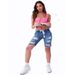 Women's Clothing Ripped Mid Waist Elastic High Elastic Medium Washed Blue Jeans Shorts_mkmklike.com