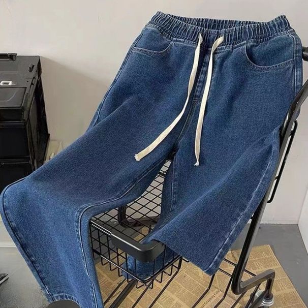 Vintage Washed Denim Pants For Men - Relaxed Fit Straight Leg Jeans With Adjustable Drawstring Waist, Casual Loose Fit Trousers In Black & Blue_mkmklike.com