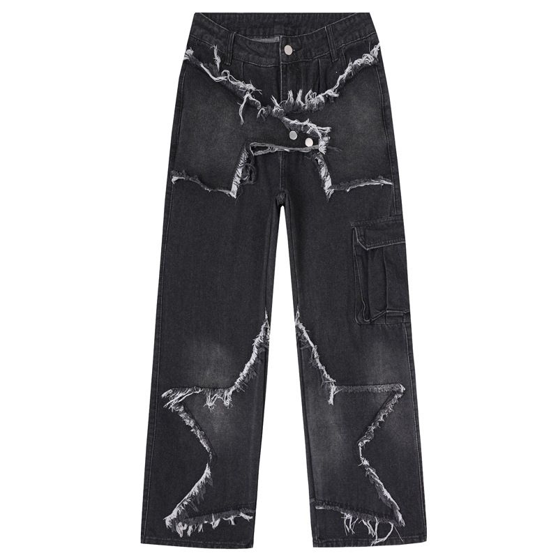 Men's Clothing Men's Trendy Brand Jeans Exclusive High Street Style Star Patchwork Frayed Edges For Formal & Casual_mkmklike.com