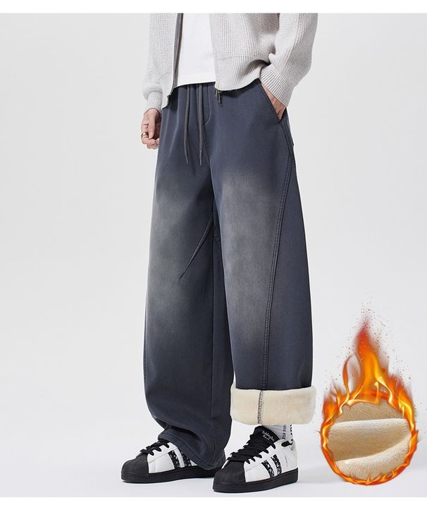 Fleece Silk Casual Pants Men's Pleated Imitation Jeans Men's Fleece Pants Men's Pants Men's_mkmklike.com