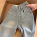 K Light Blue Rhinestone Straight Leg Jeans For Women's New Design, High Waist Slimming And Wide Leg Pants_mkmklike.com