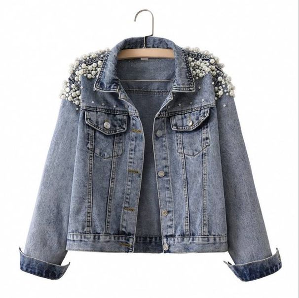 Women's Distressed Denim Jacket With Rhinestone Details, Oversized Fit, Cotton Blend, Streetwear Fashion, Casual Short Coat For Fall Winter_mkmklike.com