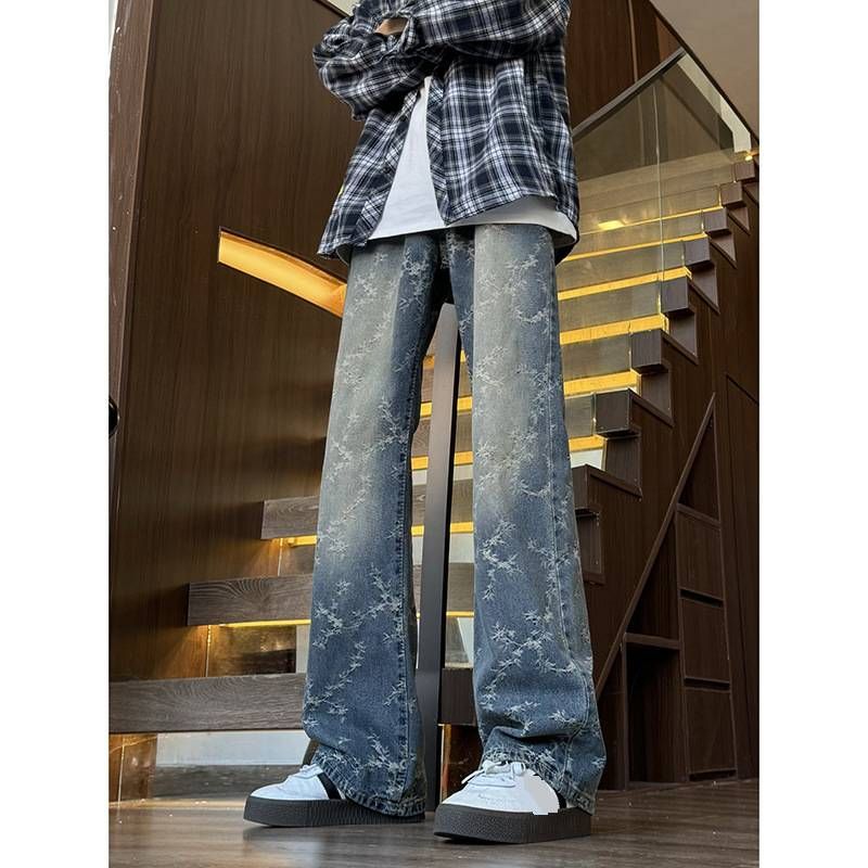 Men's High Street Retro Slightly Flared Jeans Niche Jacquard Loose Straight Wide Leg Floor Length Pants Spring Autumn_mkmklike.com