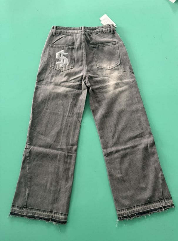 Unisex Vintage Washed Distressed Jeans – Black & Grey Patchwork Straight Leg (S-XL, Polyester Blend, Hip-Hop Streetwear)_mkmklike.com