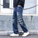 Men's Distressed Patchwork Relaxed Fit Fleece-Lined Straight Leg Denim Pants For Winter - Casual Streetwear Style_mkmklike.com