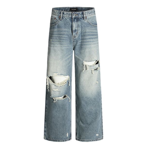 Beggar Punk Style Ripped Jeans Washed Vintage Loose Wide-Leg Straight Long Pants Men's Trendy Fashion Gradient_mkmklike.com